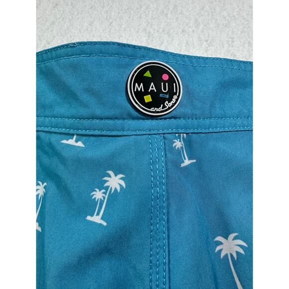 Maui & Sons Men Board Shorts Blue with Palm Trees Black Shark 4 Way Stretch 38 - Picture 5 of 14